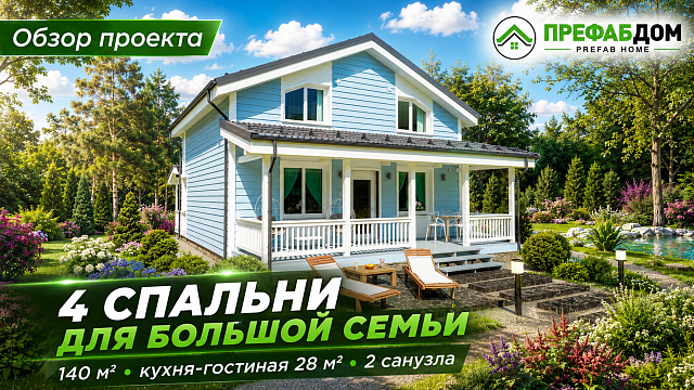 Каркасный дом «Сибиряк К140-2» — семейный дом с мансардой, 4 спальнями и террасой